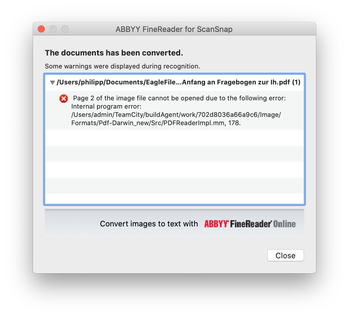 Error shown in ABBYY FineReader