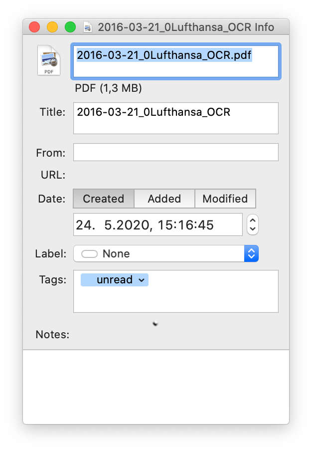 Info panel of a document in EagleFiler