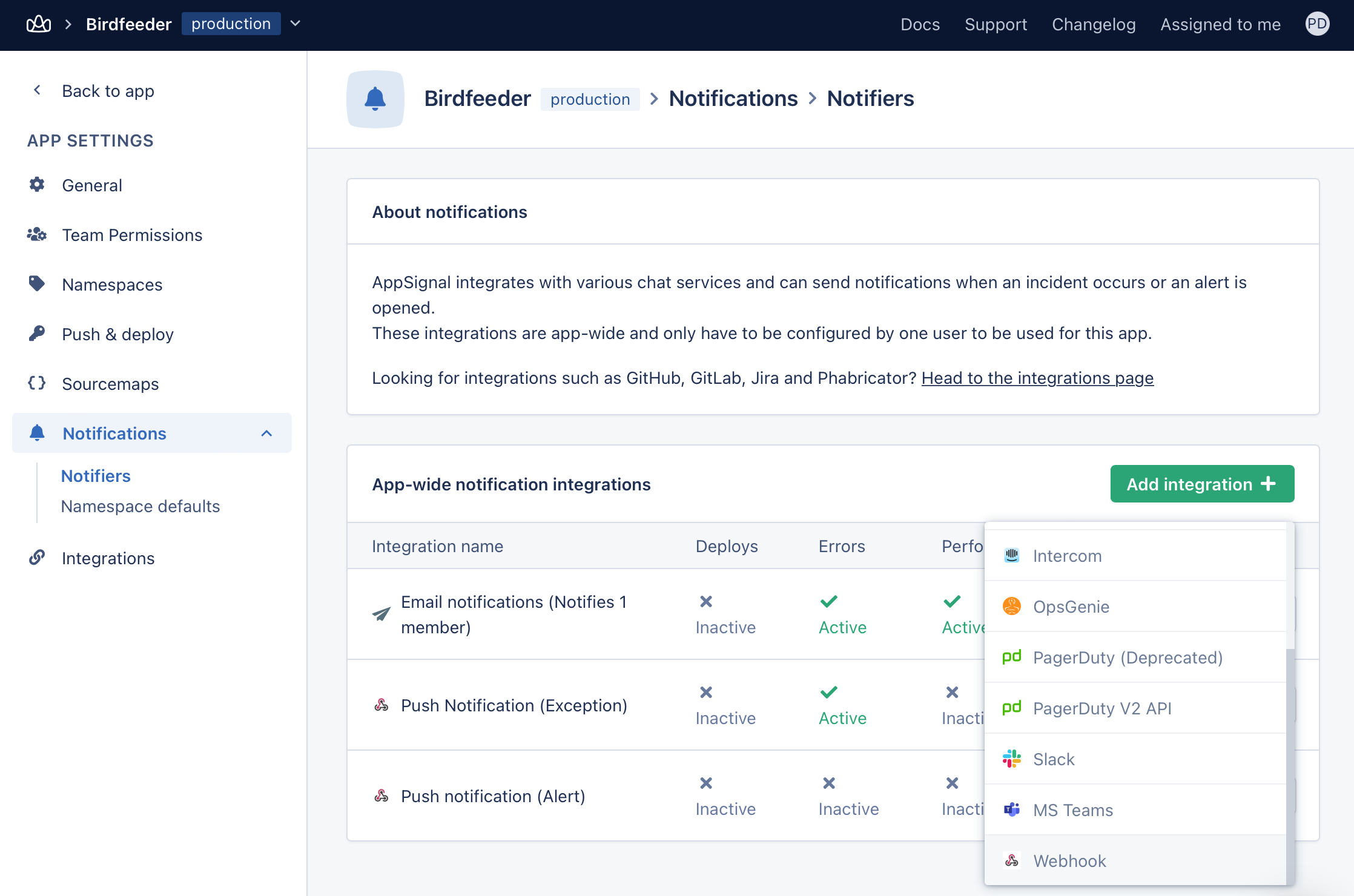 Available integrations on AppSignal