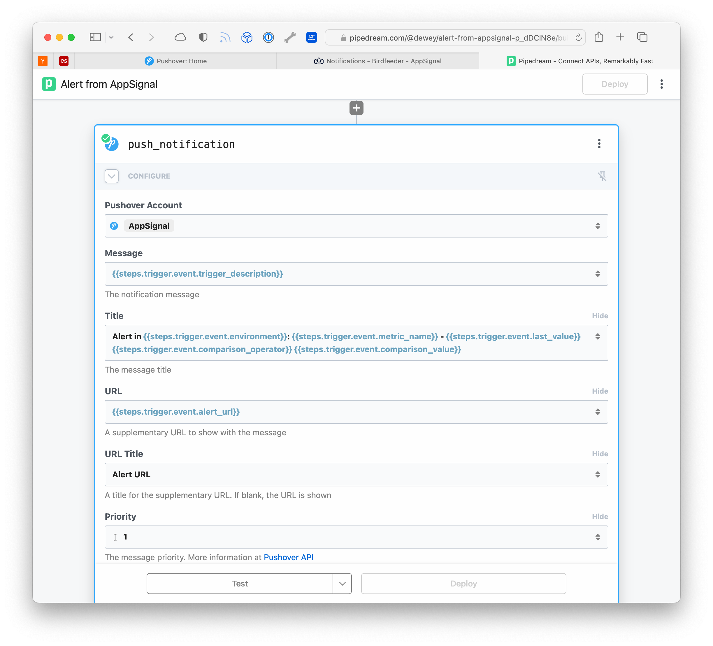 Configuring the Pushover message based on variables received from the Webhook